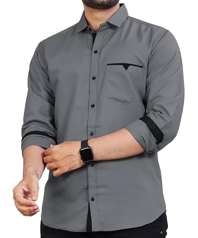 Men's Regular Fit Solid Soft Touch Cotton Casual Shirt with Pocket Design with Spread Collar & Full Sleeves